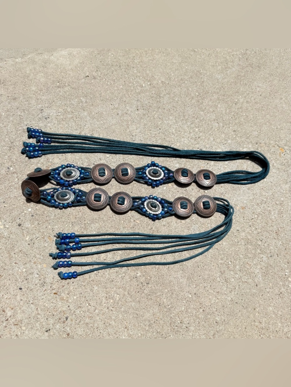 Vintage Boho Suede Concho Belt Iridescent Blue Beaded Western Festival Tie Waist